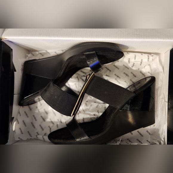 Alfani black wedge heels with gold accent bar. Excellent Used Condition - Picture 2 of 3
